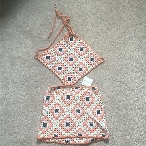 Crochet Halter Top and Skirt Set in Pink and White